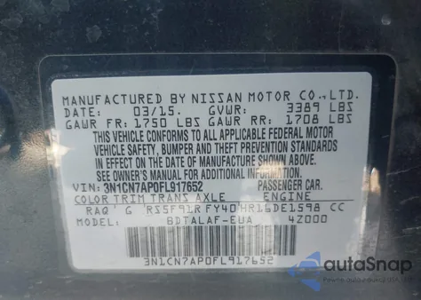 2015 Nissan Versa 1.6 S from USA, damaged, VIN 3N1CN7AP0FL917652